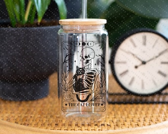 The Cat Lover Tarot Card Iced Coffee Glass Can, Tarot Card Coffee Cup, Gift For Coffee Lover, Gift For Her, Glass can w/ bamboo lid & straw