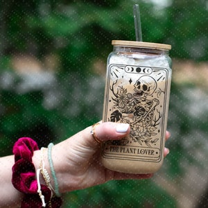 Plant Lover Tarot Card Iced Coffee Glass Can, Tarot Card Coffee Cup, Gift For Coffee Lover, Gift For Her, Glass can w/ bamboo lid & straw