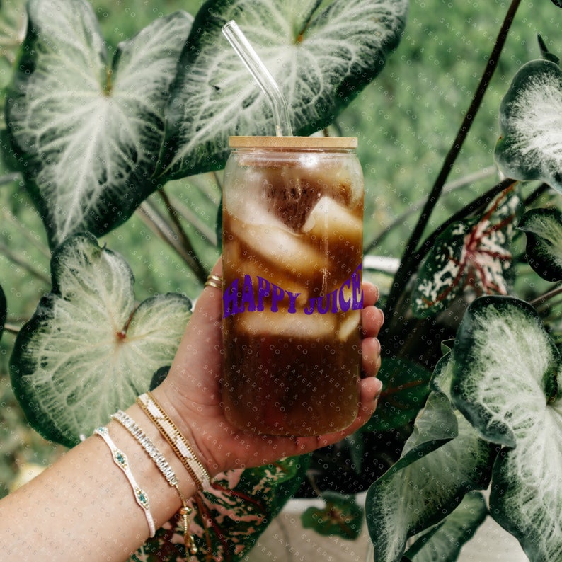 Fueled by Happy Juice™, Iced Coffee Cup, Custom Can Glass with Bamboo Lid and Straw, Mothers Day Gift 16oz tumbler 100067 画像 7