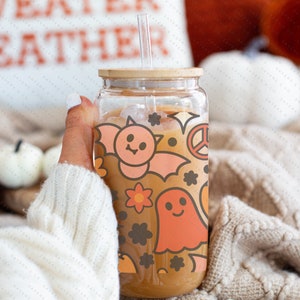 Groovy bats, ghosts, peace retro 16oz Halloween Sublimation Glass Beer Can Tumbler with bamboo lid & straw