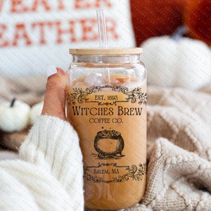 16oz Witches Brew Coffee Co Iced Coffee Glass Can, Fall Tumbler, Gift For Her, Halloween Mug, Potion Iced Coffee Can with Bamboo Lid & Straw