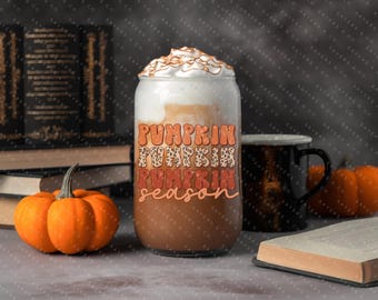 16oz Glass  #100169 Pumpkin Season cup with bamboo spill proof lid, glass straw, Glass Beer Can, Iced Coffee, Smoothie