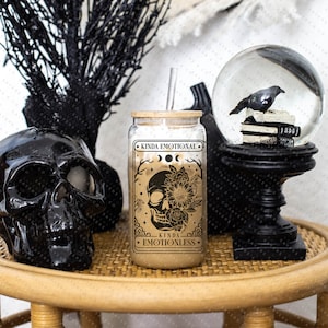 Kinda Emotional & Emotionless Tarot Card Iced Coffee Glass Can, Gift For Coffee Lover, Glass can w/ bamboo lid and straw