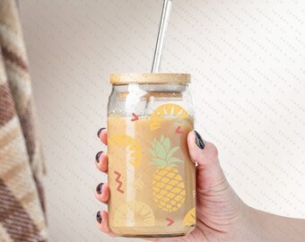 16 oz Glass Libby #100118 Pineapple Express avec couvercle anti-éclaboussures en bambou, paille en verre, canette de bière en verre, café glacé, smoothie