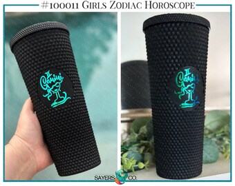 Zodiac, Horoscope, Girls Vinyl customized 24oz Screw Top Studded Tumbler, Double Walled Insulated Matte Black, Sayers & Co