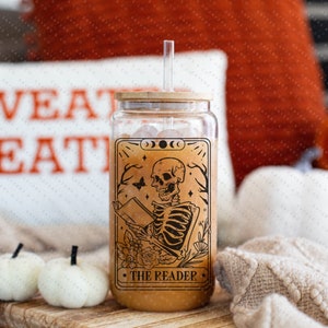 The Reader Tarot Card Iced Coffee Glass Can, Tarot Card Coffee Cup, Gift For Coffee Lover, Gift For Her, Glass can with bamboo lid and straw