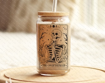 The Over-thinker Tarot Card Iced Coffee Glass Can, Tarot Card Coffee Cup, Gift For Coffee Lover, Gift For Her, w/ bamboo lid & straw