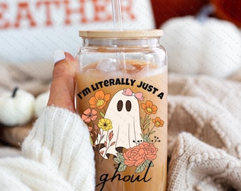 Literally Just a Ghoul Glass Can Cup Halloween Libbey Tumbler Cute Ghost Cup with Bamboo Lid Pastel Spooky Season Iced Coffee