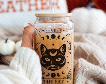 The Cat Tarot Card Iced Coffee Glass Can, Tarot Card Coffee Cup, Gift For Coffee Lover, Gift For Her, Glass can with bamboo lid and straw