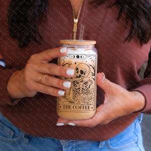The Coffee Tarot Card Iced Coffee Glass Can, Tarot Card Coffee Cup, Gift For Coffee Lover, Gift For Her, Glass can w/ bamboo lid & straw