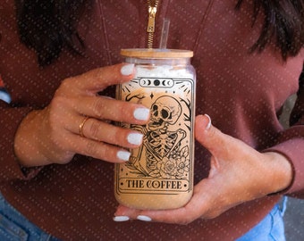 The Coffee Tarot Card Iced Coffee Glass Can, Tarot Card Coffee Cup, Gift For Coffee Lover, Gift For Her, Glass can w/ bamboo lid & straw