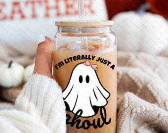 Literally Just a Ghoul Glass Can Cup Halloween Libbey Tumbler Cute Ghost Cup with Bamboo Lid Pastel Spooky Season Iced Coffee