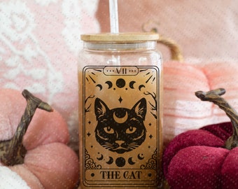 The Cat Tarot Card Iced Coffee Glass Can, Tarot Card Coffee Cup, Gift For Coffee Lover, Gift For Her, w/ bamboo lid & straw