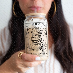 Iced Coffee Tarot Card Iced Coffee Glass Can, Tarot Card Coffee Cup, Gift For Coffee Lover, Gift For Her, Glass can w/ bamboo lid & straw