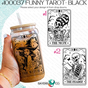 Divertida lata de vidrio de café helado con carta de tarot, taza de café con cartas de tarot, regalo para amantes del café, regalo para ella, lata de vidrio con tapa de bambú y paja