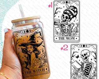 Funny Tarot Card Iced Coffee Glass Can, Tarot Card Coffee Cup, Gift For Coffee Lover, Gift For Her, Glass can with bamboo lid and straw