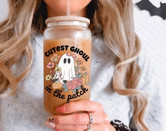 Cutest Ghoul in the Patch Glass Can Cup Halloween Libbey Tumbler Cute Ghost Cup with Bamboo Lid Pastel Spooky Season Iced Coffee