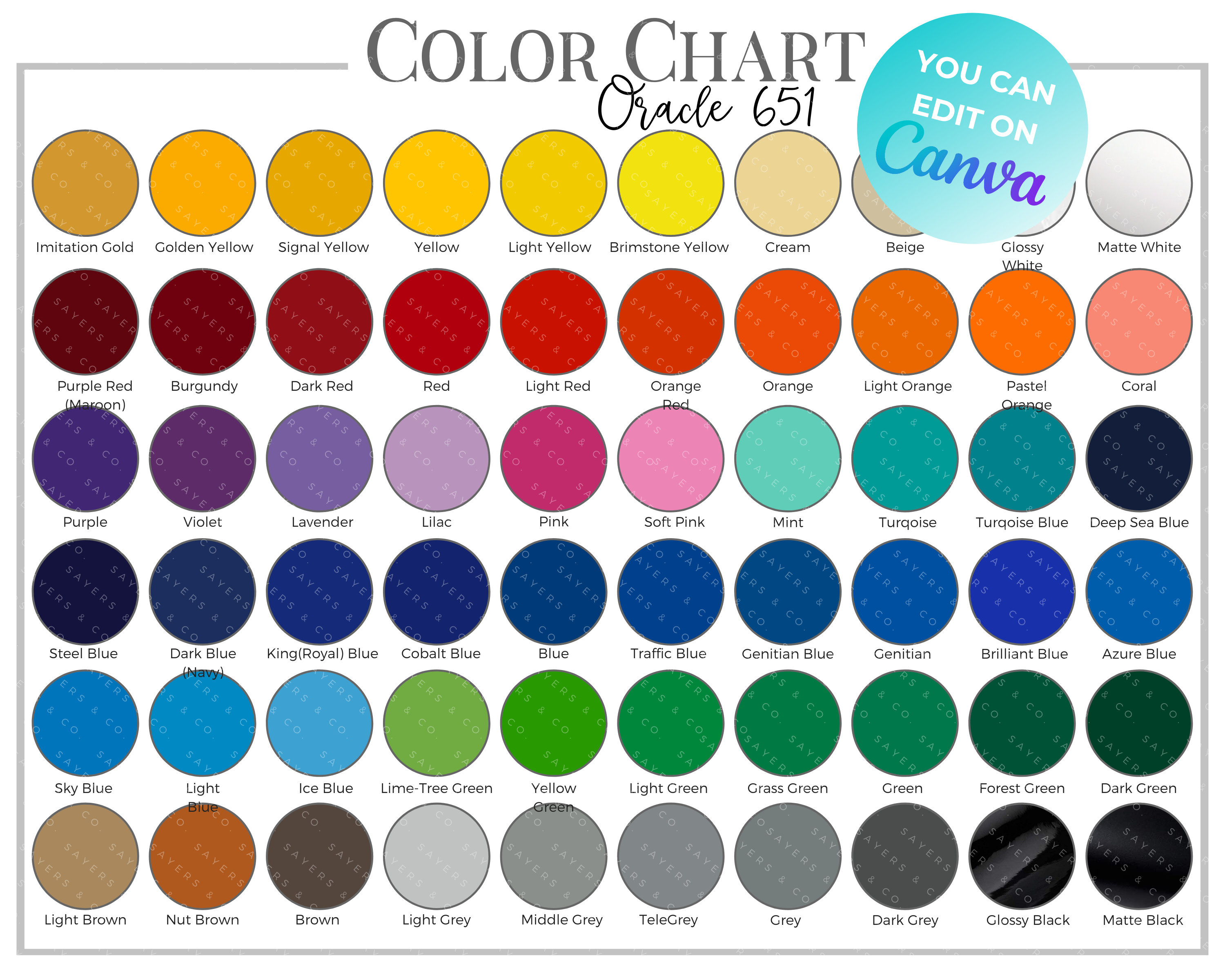 Oracle 651 Adhesive Vinyl DIGITAL Download Color Chart, 100% customizable and editable in Canva, custom color chart