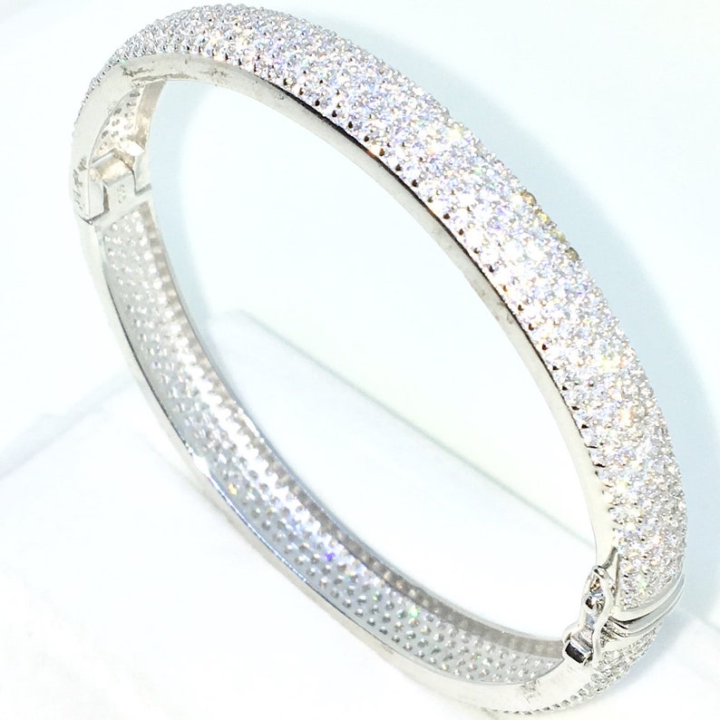 New White Gold Layered on 925 Solid Sterling Silver Oval Wedding Bangle Bracelets bulgy Wide rows of white round CZ and Box clasp