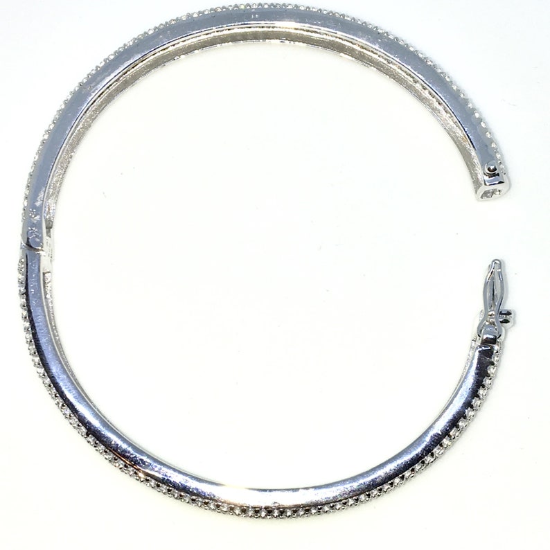 New White Gold Layered on 925 Solid Sterling Silver Oval Wedding Bangle Bracelets bulgy Wide rows of white round CZ and Box clasp