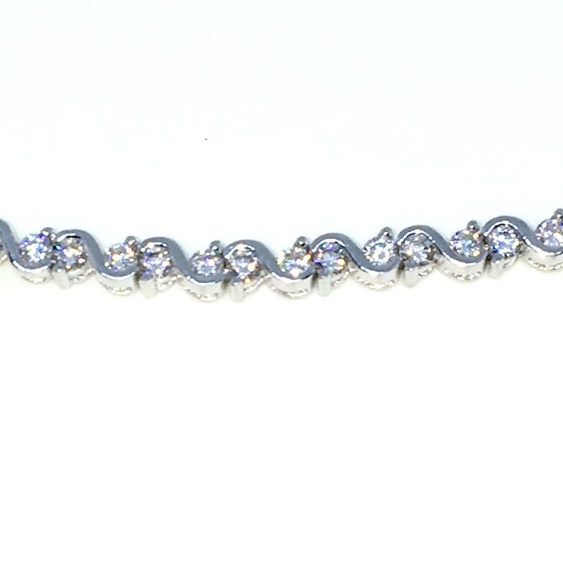 New White Gold Layered 925 Solid Sterling Silver 7 inch S design Round White CZ Tennis Bracelet with Box Clasp