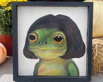 Frog Portrait- Frog with a Bob- Frog Painting- Frida the Frog