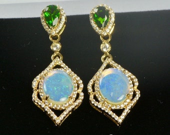 18K Gold Australian Opal Dangle Earrings, Vintage Style