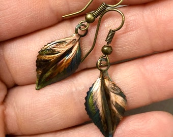 Leaf Earrings - Copper Leaf Earrings - Fall Leaf Jewelry - Copper Leaves - Flame Patina Copper - Nature Jewelry - 7th Anniversary Gift