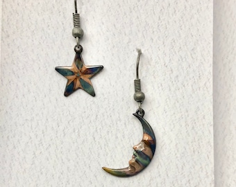 Moon Star Mismatched Earrings - Celestial Earrings - Copper Flame Colored Earrings - Copper Dangle Earrings - Nickel Free Earrings