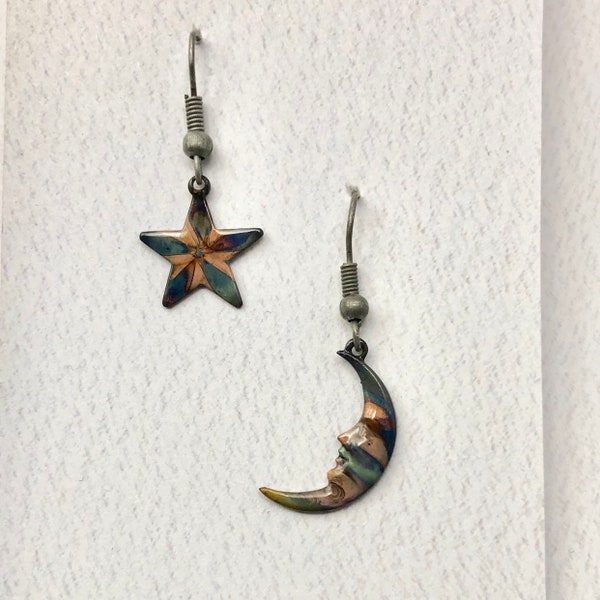 Moon Star Mismatched Earrings - Celestial Earrings - Copper Flame Colored Earrings - Copper Dangle Earrings - Nickel Free Earrings