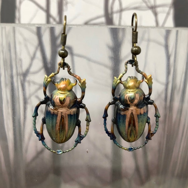 Beetle Earrings - Egyptian Scarab Beetles - Iridescent Copper - Insect Jewelry - Steam Punk Gothic Beetle Earrings - creepy valentine gift