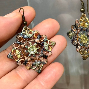 Flower Earrings - Square Copper Earrings - Flower Vine Earrings - 7th Anniversary Gift - Vintage Filigree Earrings - Valentine Gift