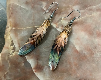 Feather Earrings - Copper Feather Earrings - Fire Patina Feather Jewelry - 7th Anniversary - Iridescent Feather Dangle Earrings