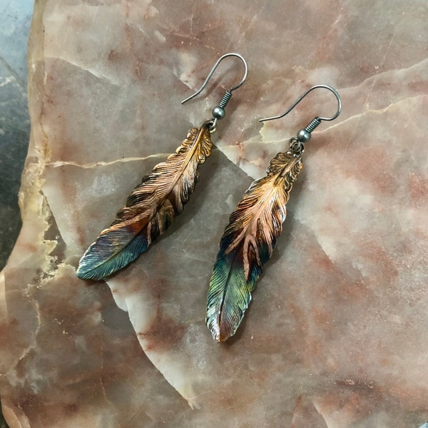 Feather Earrings - Copper Feather Earrings - Fire Patina Feather Jewelry - 7th Anniversary - Iridescent Feather Dangle Earrings