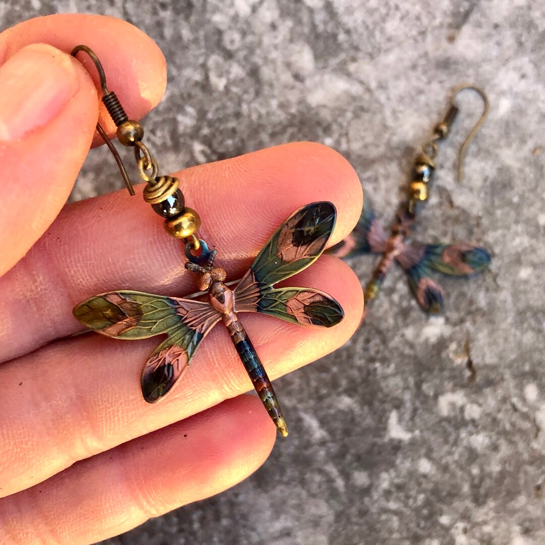 Dragonfly Earring Copper Dragonflys Earrings Beaded Dragonfly Jewelry