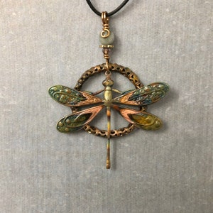 Dragonfly Circle Pendant - Iridescent Copper Dragonfly Necklace - Memorial Dragonfly Bereavement Gift - Flame Patina Adjustable Necklace