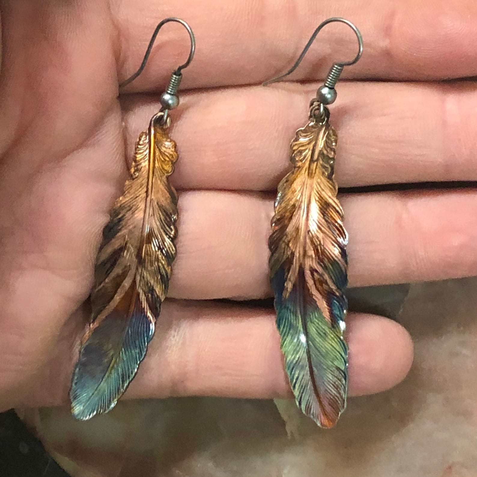 Feather Earrings Copper Feather Earrings Fire Patina Etsy