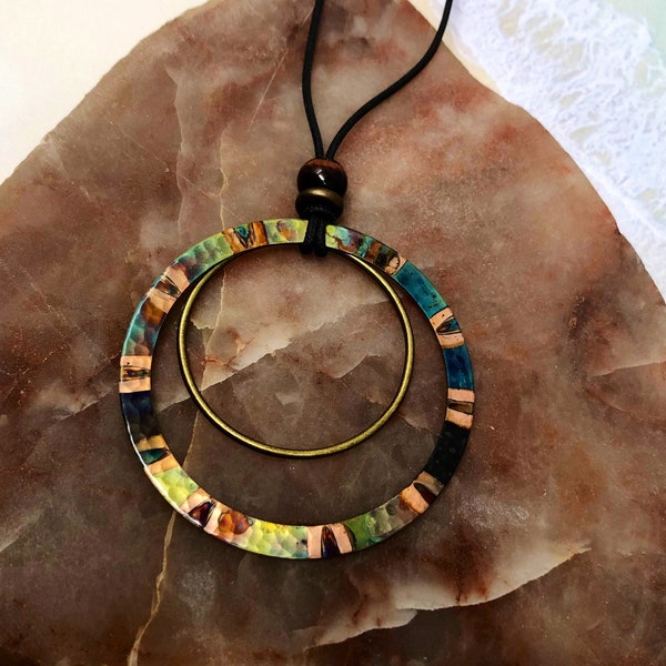 Copper Statement Necklace - Copper Circle Necklace -  Circle of Life - Colorful CopperJewelry - Copper Flame Patina - Copper Circle Necklace
