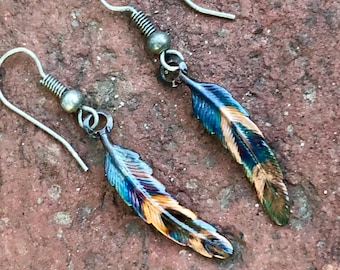 Feather Earrings - Copper Feather Earrings - Fire Patina - Feather Jewelry - 7th Anniversary Gift - Iridescent Feathers - Copper Anniversary