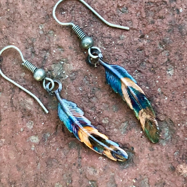 Feather Earrings - Copper Feather Earrings - Fire Patina - Feather Jewelry - 7th Anniversary Gift - Iridescent Feathers - Copper Anniversary