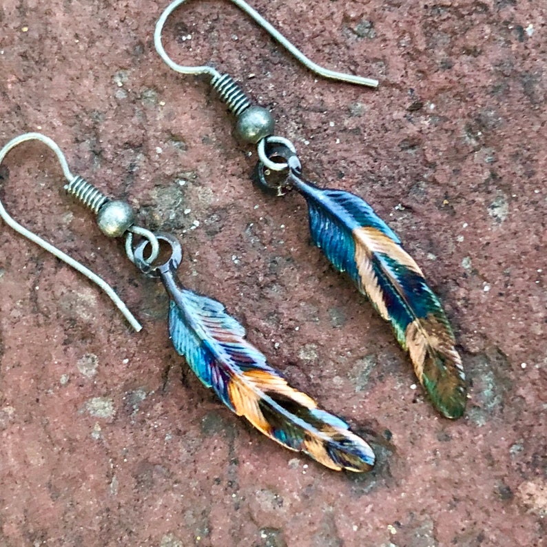 Feather Earrings Copper Feather Earrings Fire Patina Etsy