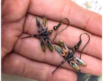 May include: A pair of dragonfly earrings with a bronze finish. The dragonflies have a multi-colored design with shades of blue, green, and pink.
