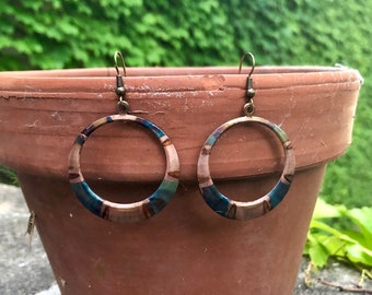 Hoop Earrings - Copper Boho Hoops - Flame Patina - Copper Anniversary - Boho Hoop Earrings - Colorful Hoop Earrings - 7th Anniversary Gift