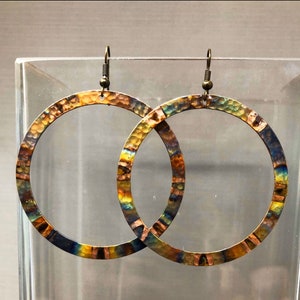 Hoop Earrings - Colorful Copper Boho Hoops - Flame Painted Jewelry - Large Hoop - Statement Earrings - Hammered Copper Earrings
