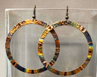 Hoop Earrings - Colorful Copper Boho Hoops - Flame Painted Jewelry - Large Hoop - Statement Earrings - Hammered Copper Earrings