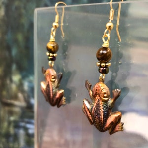 Frog Earrings- Copper Frogs - Frog Beaded Earrings - Nature Gifts - Froggy Earrings - Frog Jewelry - Frog Gifts - Frog Totem Earrings