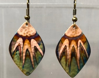 Copper Dangle Earrings - Flame Patina Earrings - Rich Earth Tone Earrings - Copper Statement Jewelry - Go to Earrings - 7th Anniversary Gift