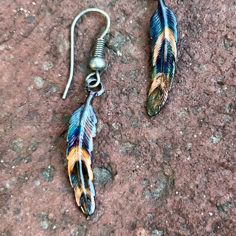 Feather Earrings Copper Feather Earrings Fire Patina Etsy