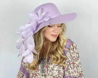 Lilac Purple Feather Hat for Races Felt Hat with Feathers Festival Hat Vintage Style Hat with Lilac Feathers 70s Floppy Boho Hat for Women