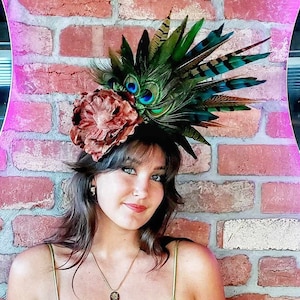 Turquoise Blue Green Amber Brown Fascinator Melbourne Cup Races Velvet Rose Peacock and Pheasant Feather Special Event Statement Headpiece